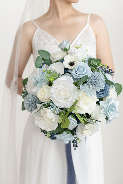 Medium Round Bridal Bouquet in Dusty Blue & Navy