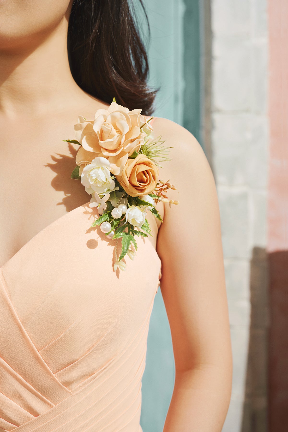 Wrist and Shoulder Corsages in Sunny Peach & Apricot