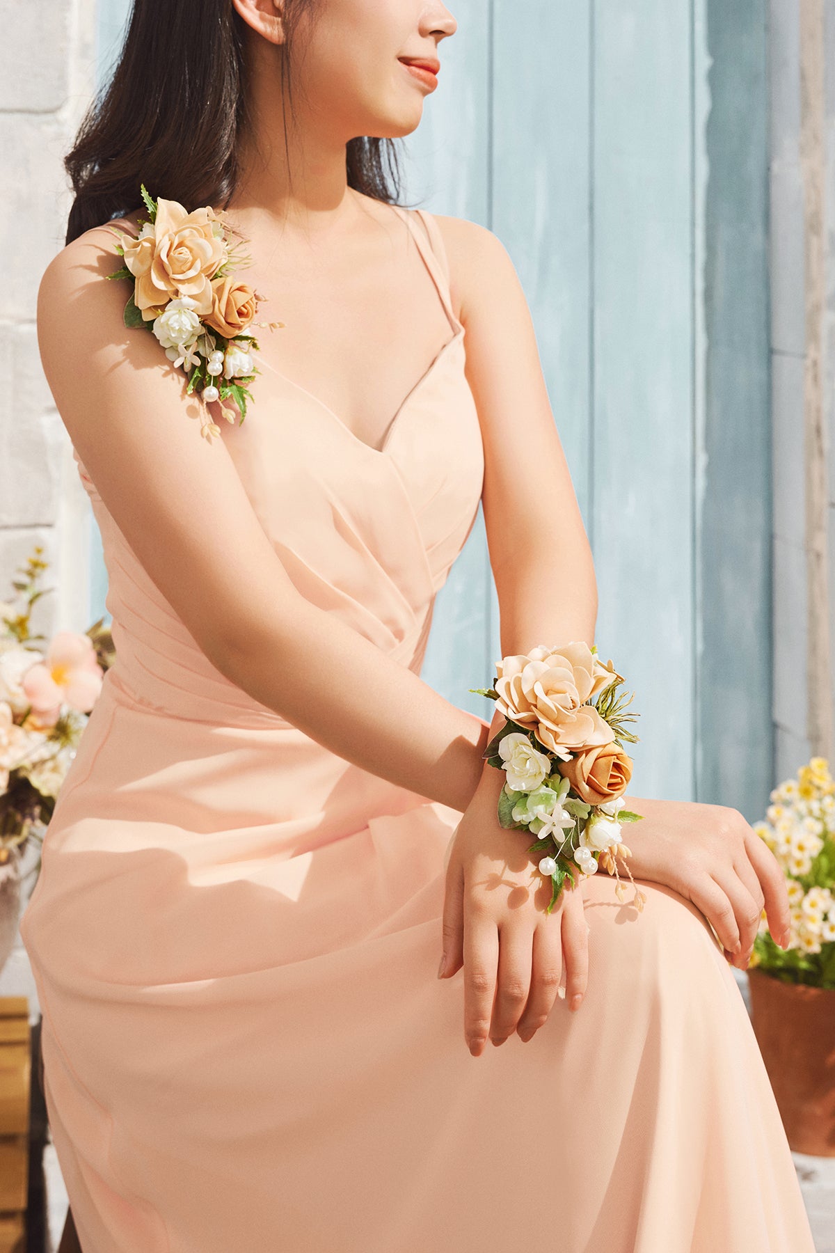 Wrist and Shoulder Corsages in Sunny Peach & Apricot