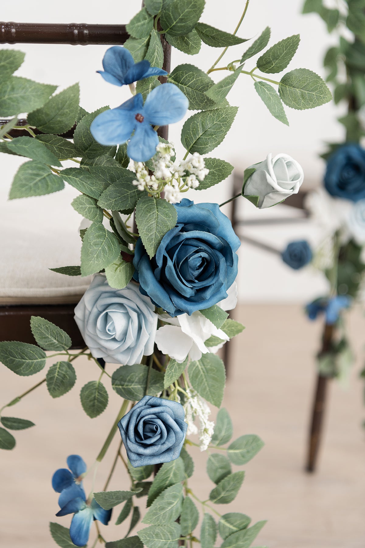 Wedding Aisle Chair Flower Decoration in Dusty Blue & Navy