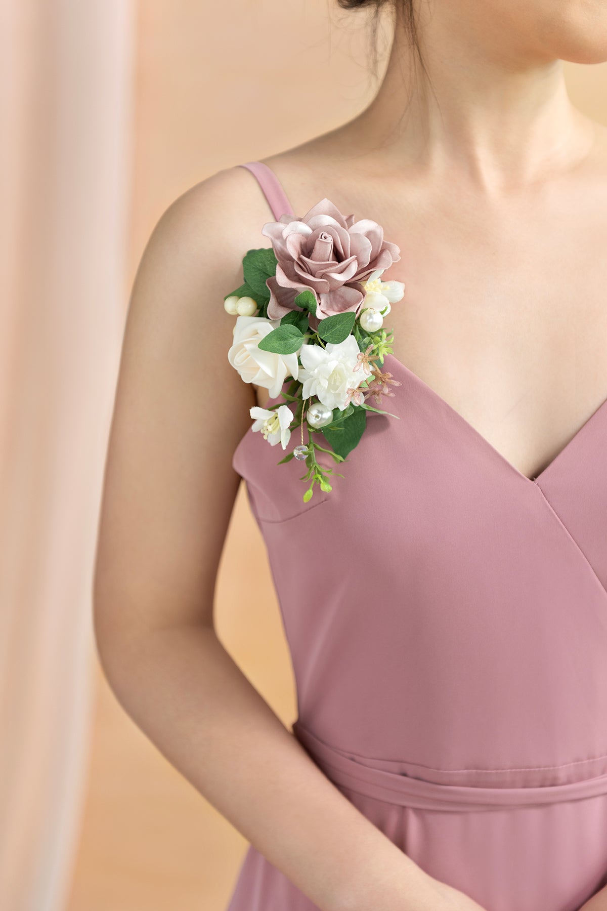 Wrist and Shoulder Corsages in Dusty Rose & Cream