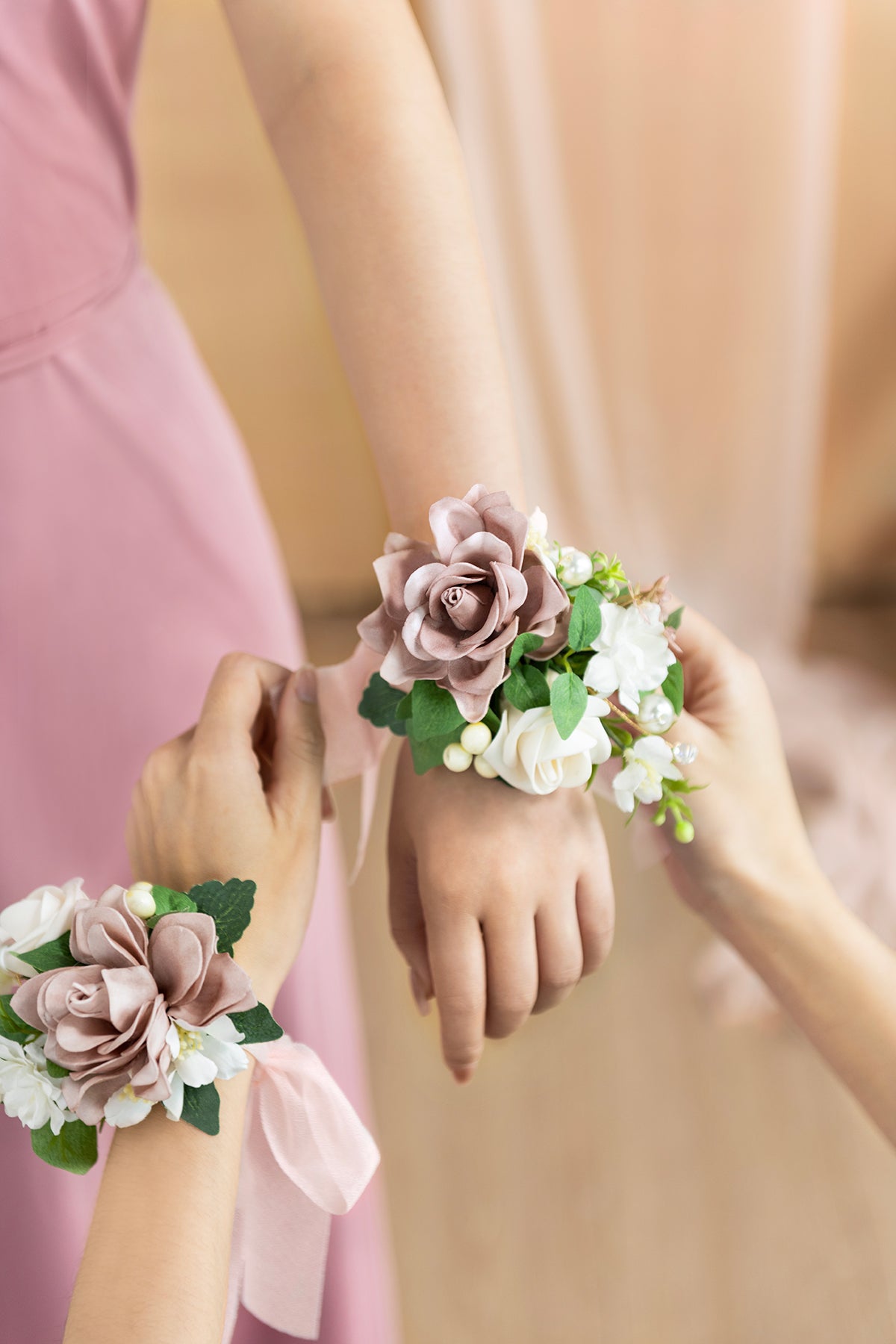 Wrist and Shoulder Corsages in Dusty Rose & Cream