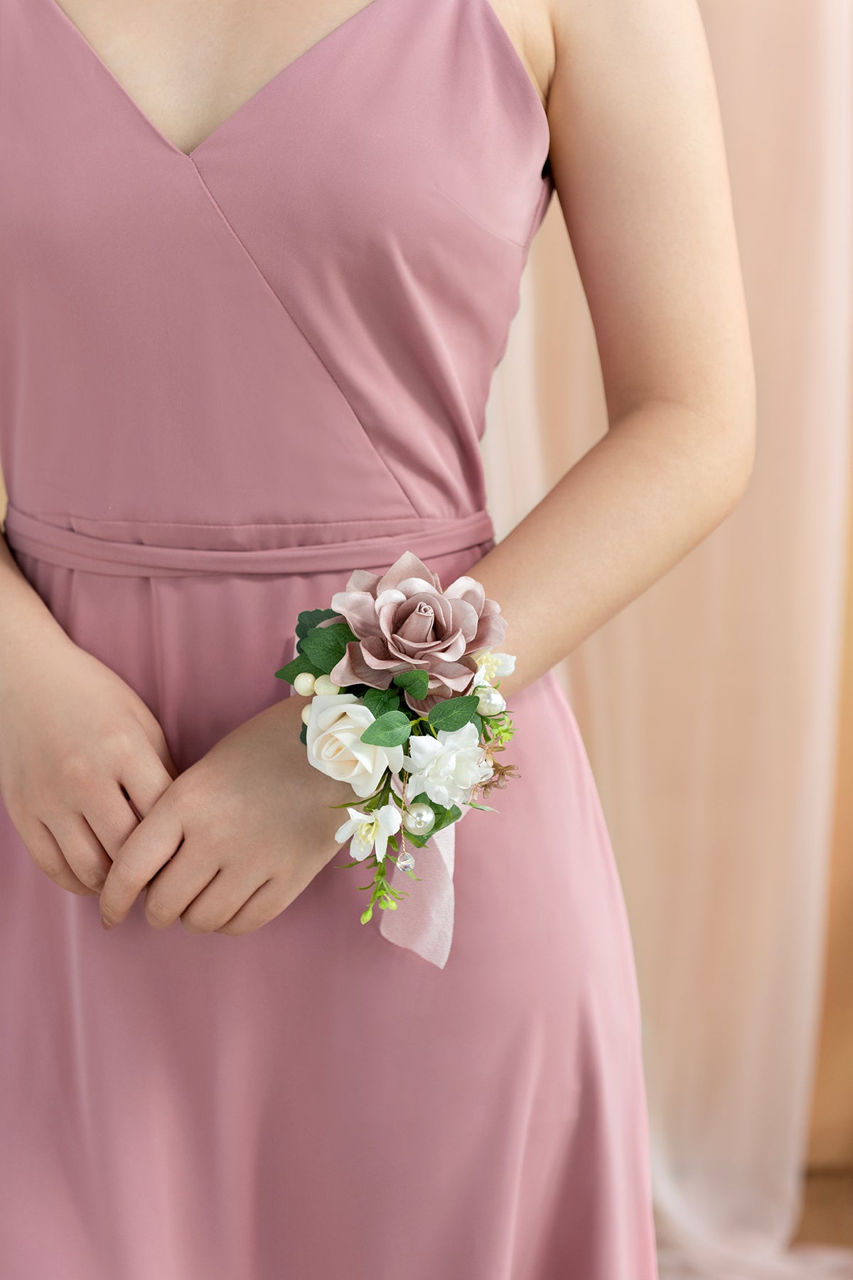 Wrist and Shoulder Corsages in Dusty Rose & Cream