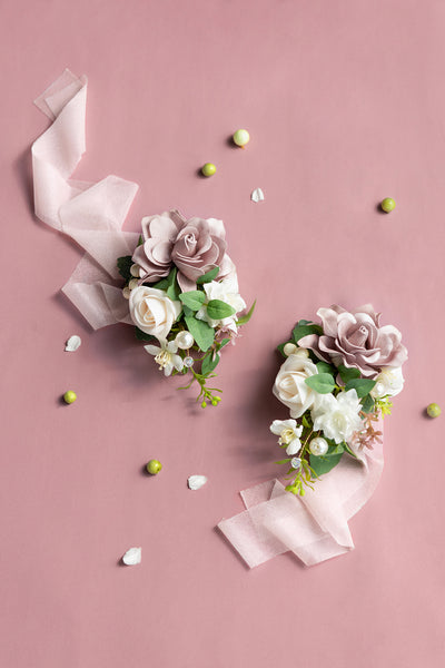 Wrist and Shoulder Corsages in Dusty Rose & Cream