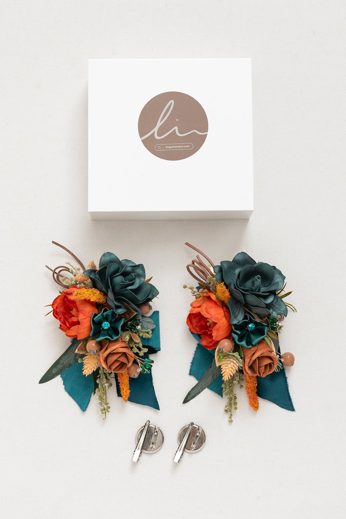 Wrist and Shoulder Corsages in Dark Teal & Burnt Orange