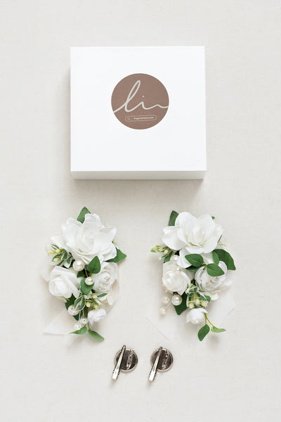 Wrist and Shoulder Corsages in White & Sage