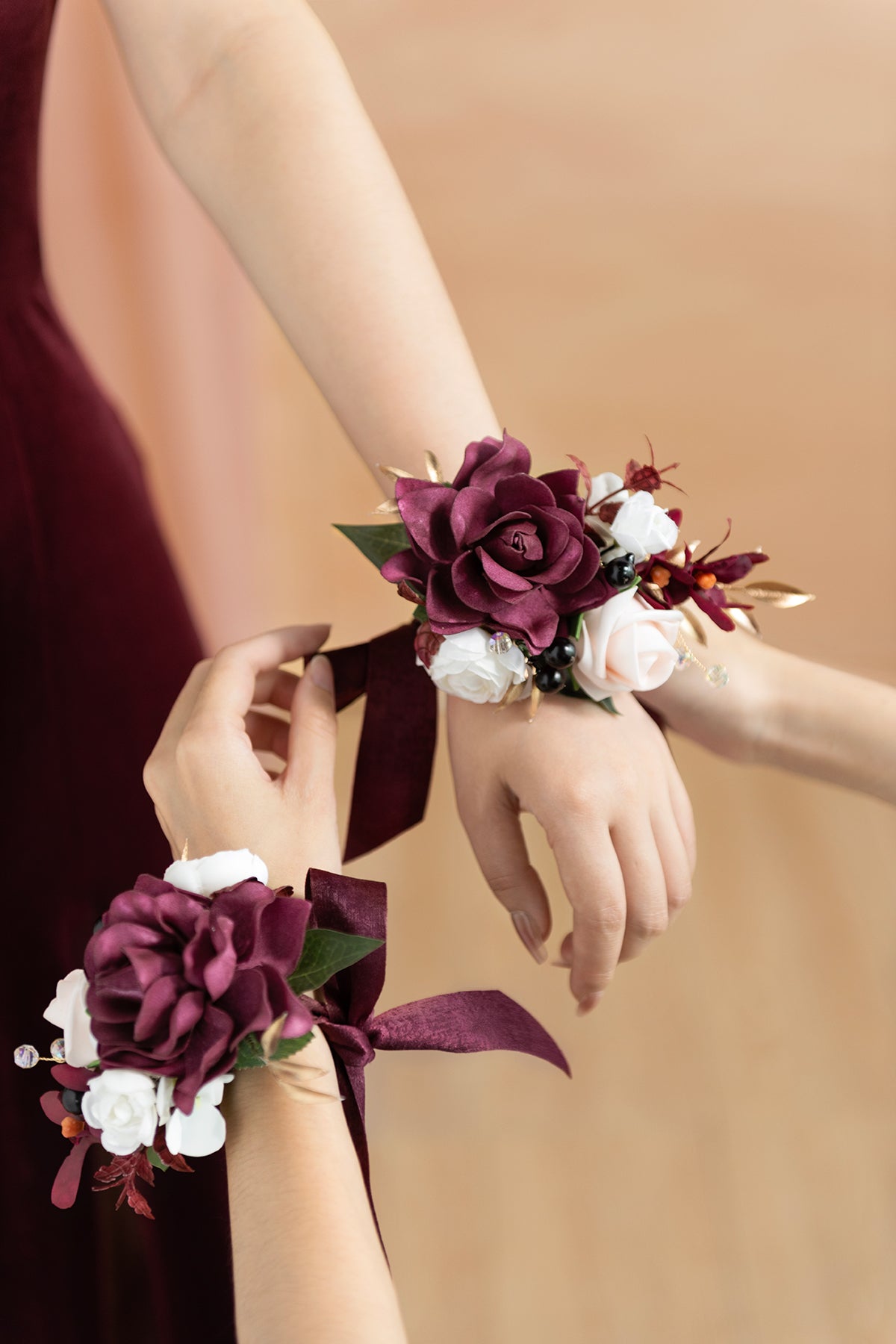 Wrist and Shoulder Corsages in Romantic Marsala