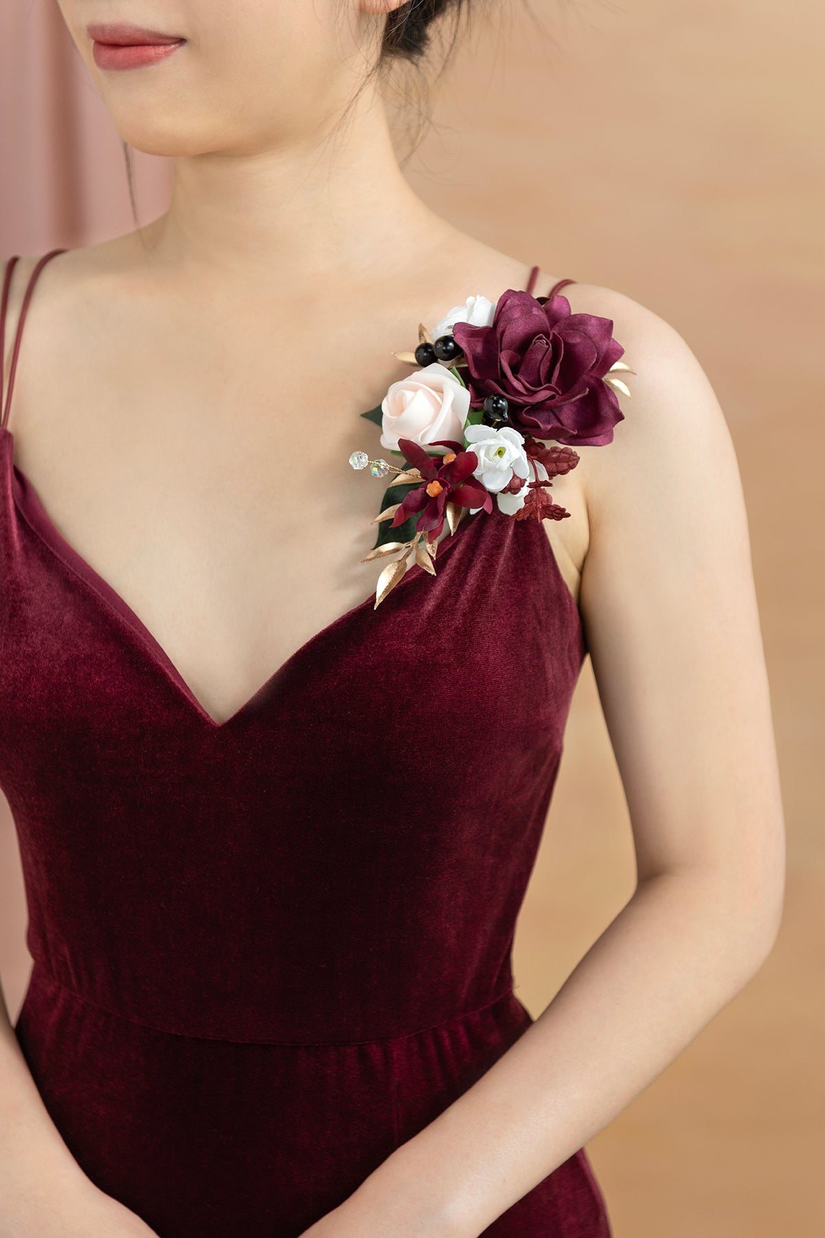 Wrist and Shoulder Corsages in Romantic Marsala