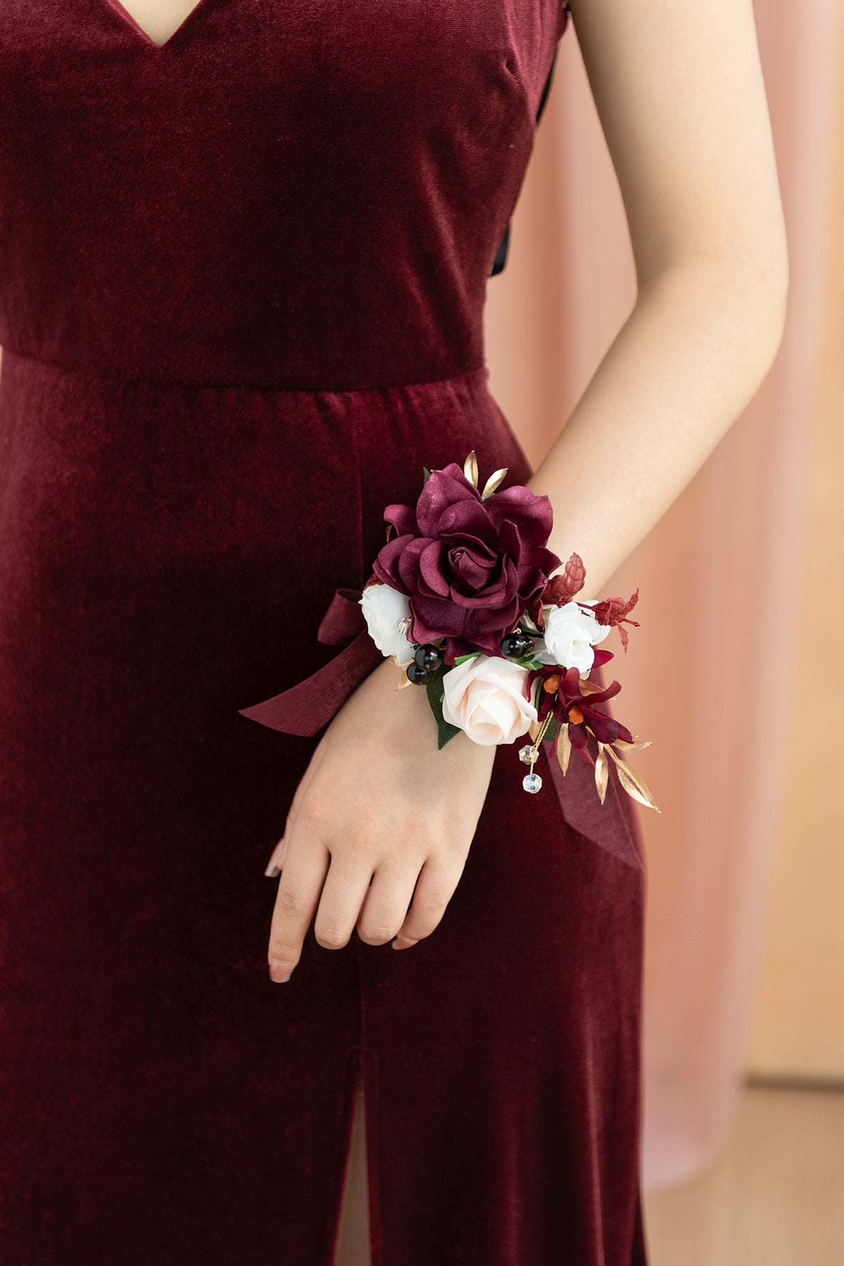 Wrist and Shoulder Corsages in Romantic Marsala