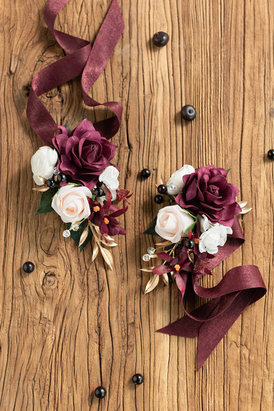 Wrist and Shoulder Corsages in Romantic Marsala