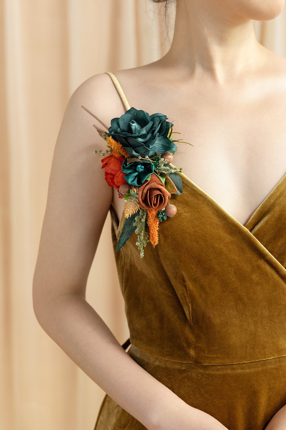 Wrist and Shoulder Corsages in Dark Teal & Burnt Orange