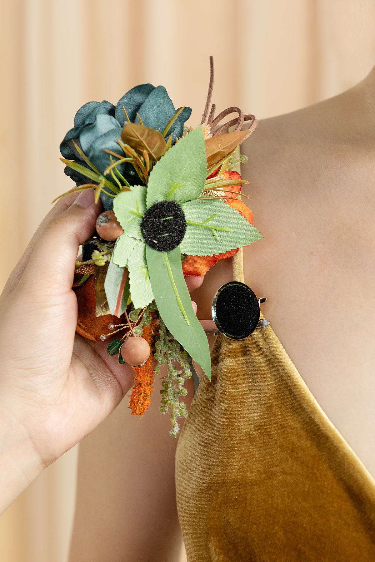 Wrist and Shoulder Corsages in Dark Teal & Burnt Orange