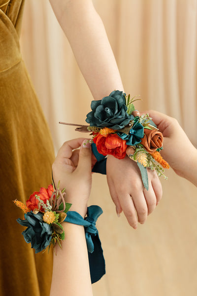 Wrist and Shoulder Corsages in Dark Teal & Burnt Orange