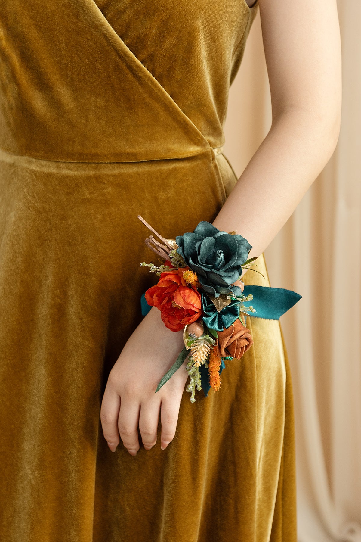 Wrist and Shoulder Corsages in Dark Teal & Burnt Orange