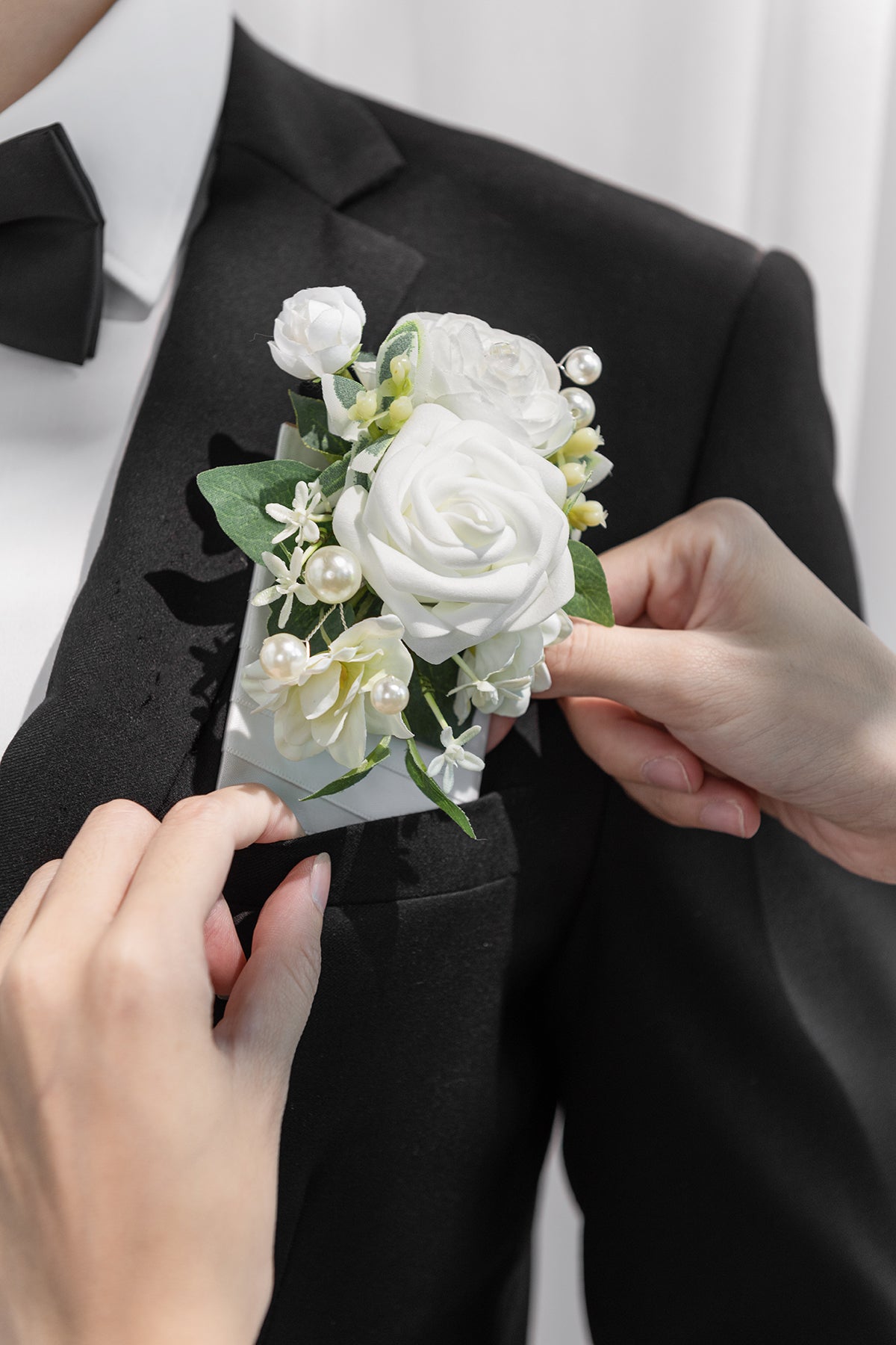 Pocket Square Boutonniere for Groom in White & Sage