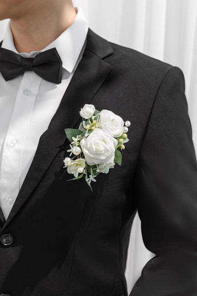 Pocket Square Boutonniere for Groom in White & Sage