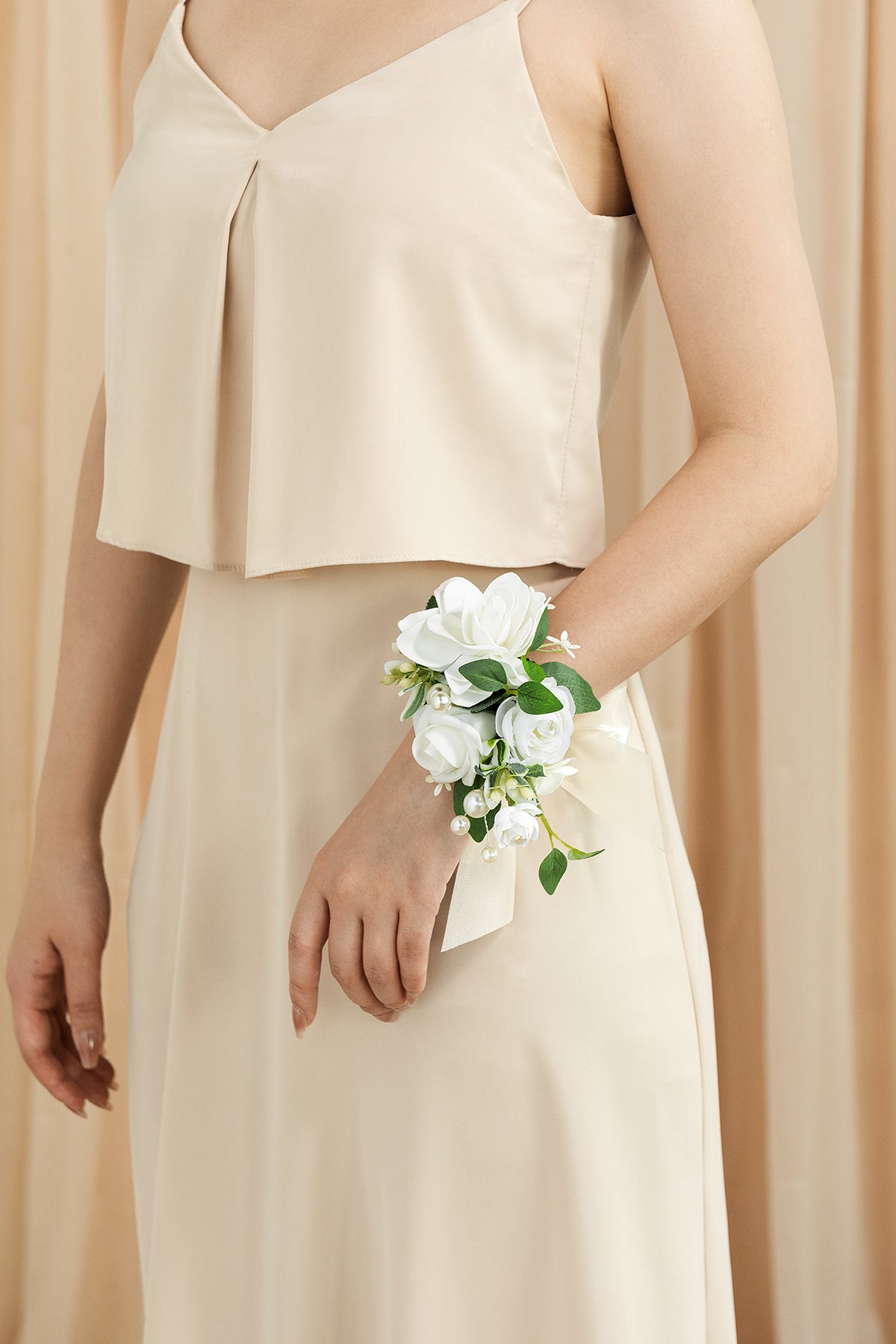 Wrist and Shoulder Corsages in White & Sage