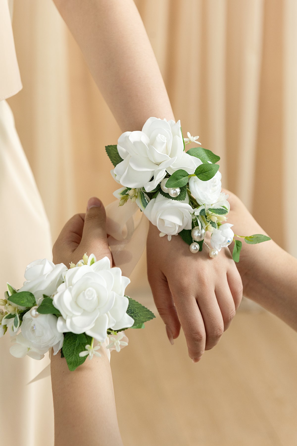 Wrist and Shoulder Corsages in White & Sage