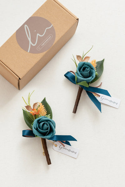 Boutonnieres in Dark Teal & Burnt Orange