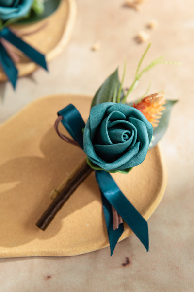 Boutonnieres in Dark Teal & Burnt Orange