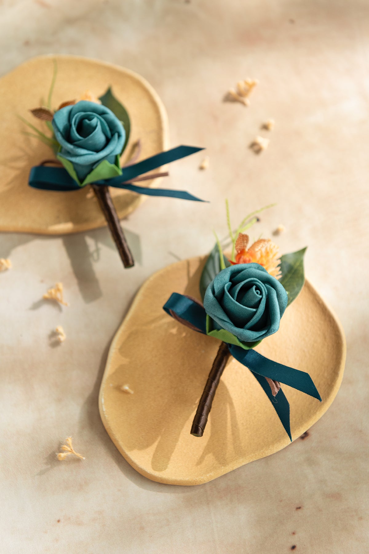 Boutonnieres in Dark Teal & Burnt Orange