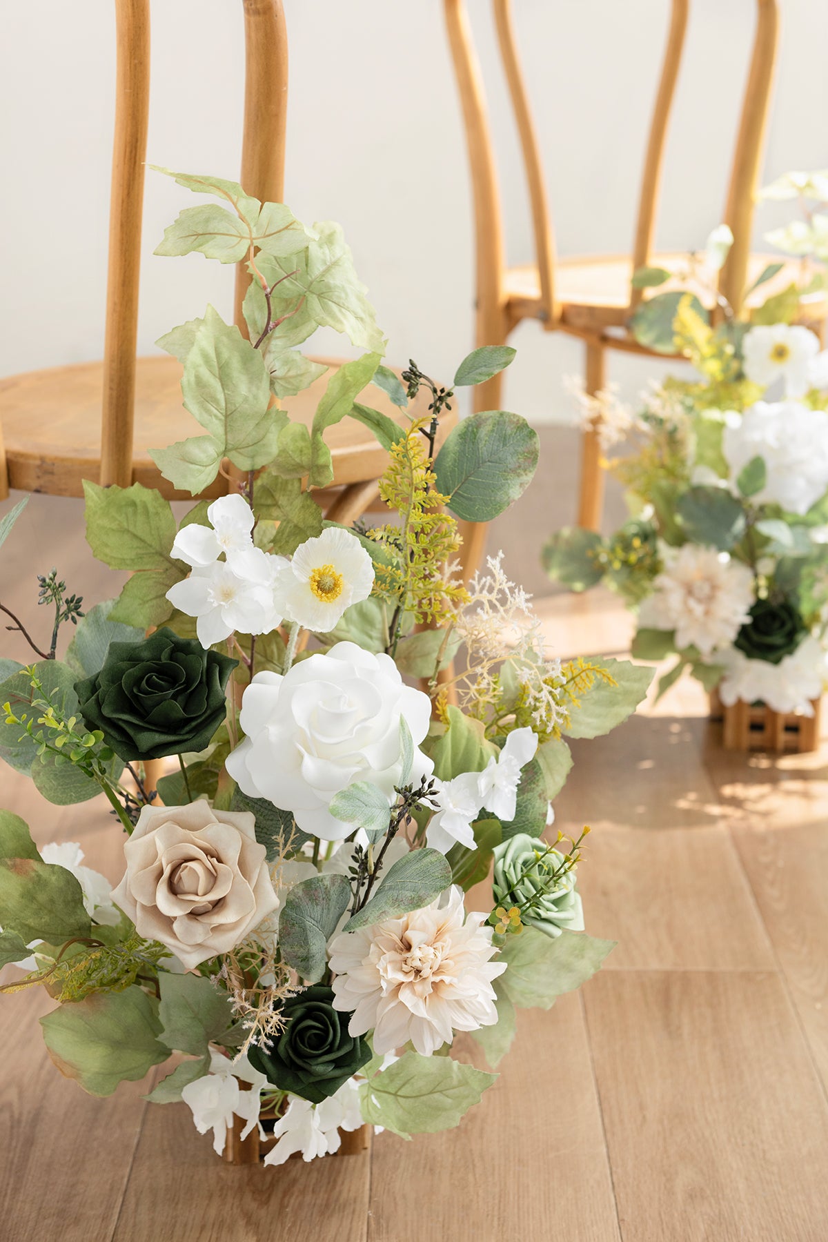 Wedding Aisle Runner Flower Arrangements in Emerald & Tawny Beige