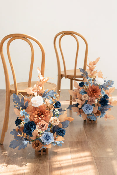 Wedding Aisle Runner Flower Arrangements in Russet Orange & Denim Blue