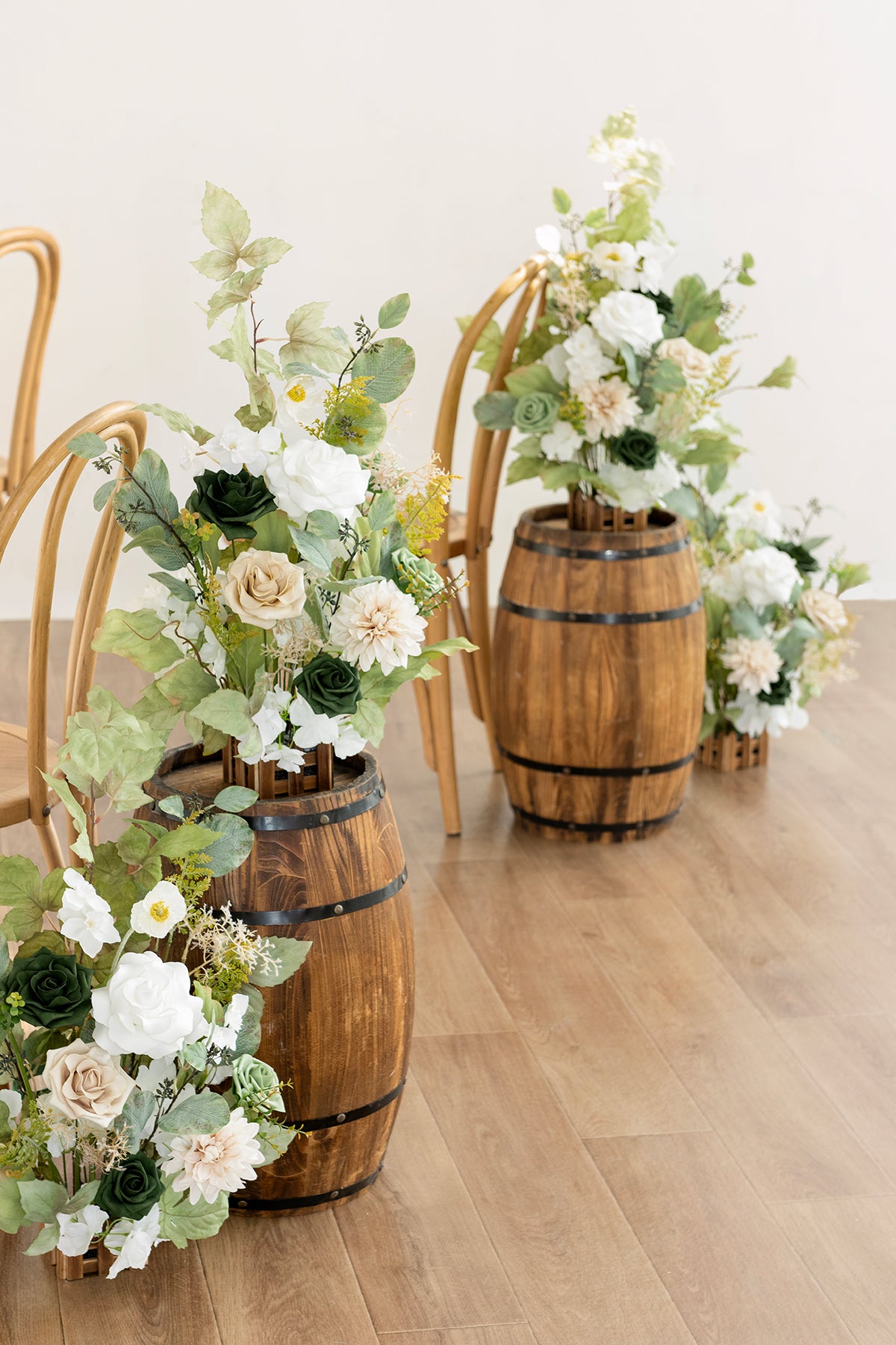 Wedding Aisle Runner Flower Arrangements in Emerald & Tawny Beige