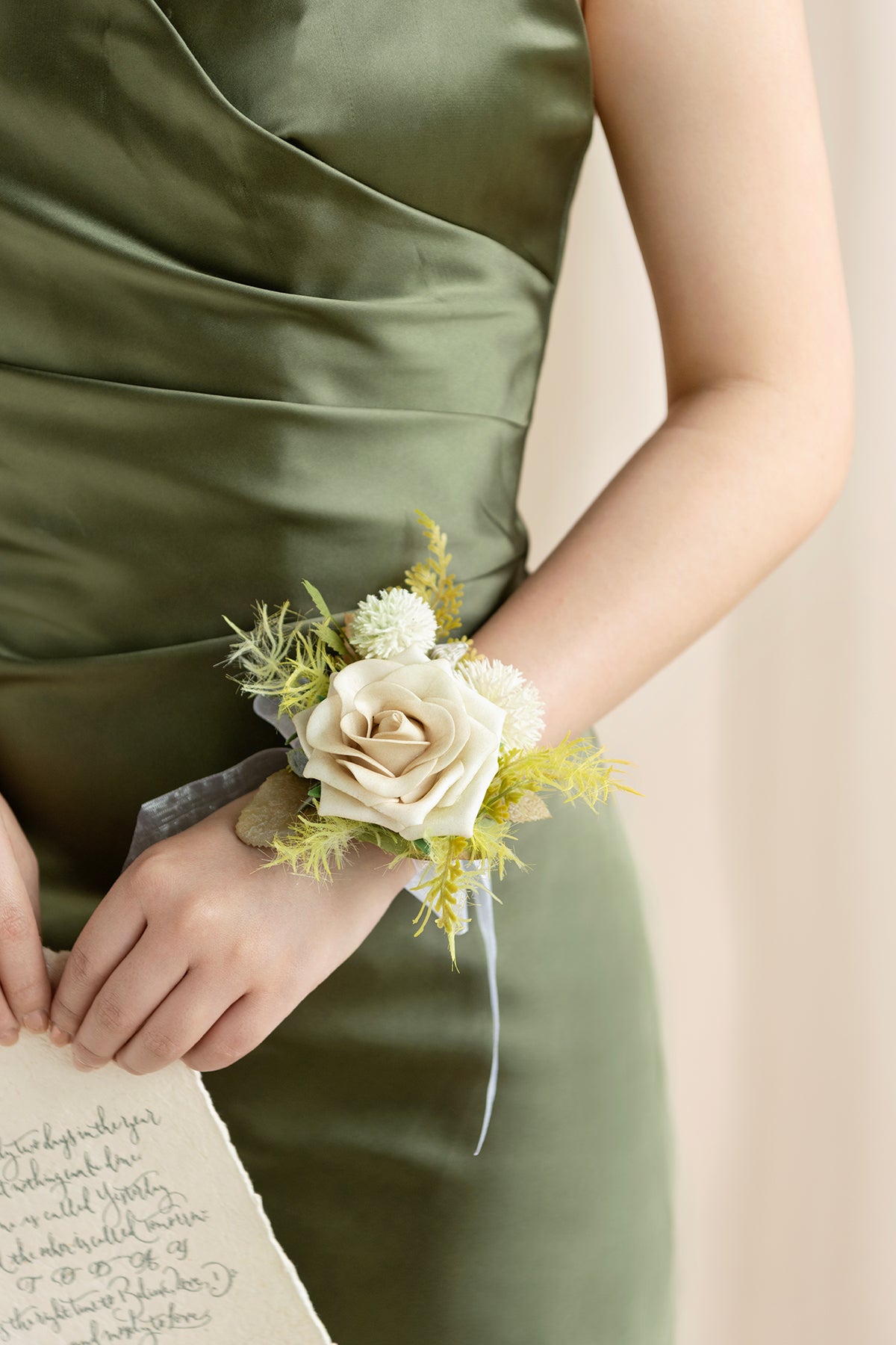 Wrist Corsages in Emerald & Tawny Beige