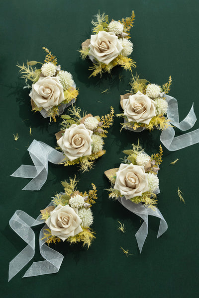 Wrist Corsages in Emerald & Tawny Beige