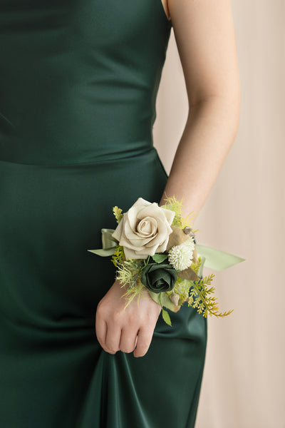 Wrist and Shoulder Corsages in Emerald & Tawny Beige