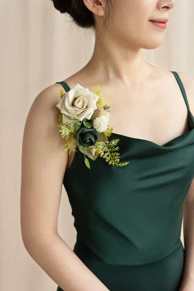 Wrist and Shoulder Corsages in Emerald & Tawny Beige