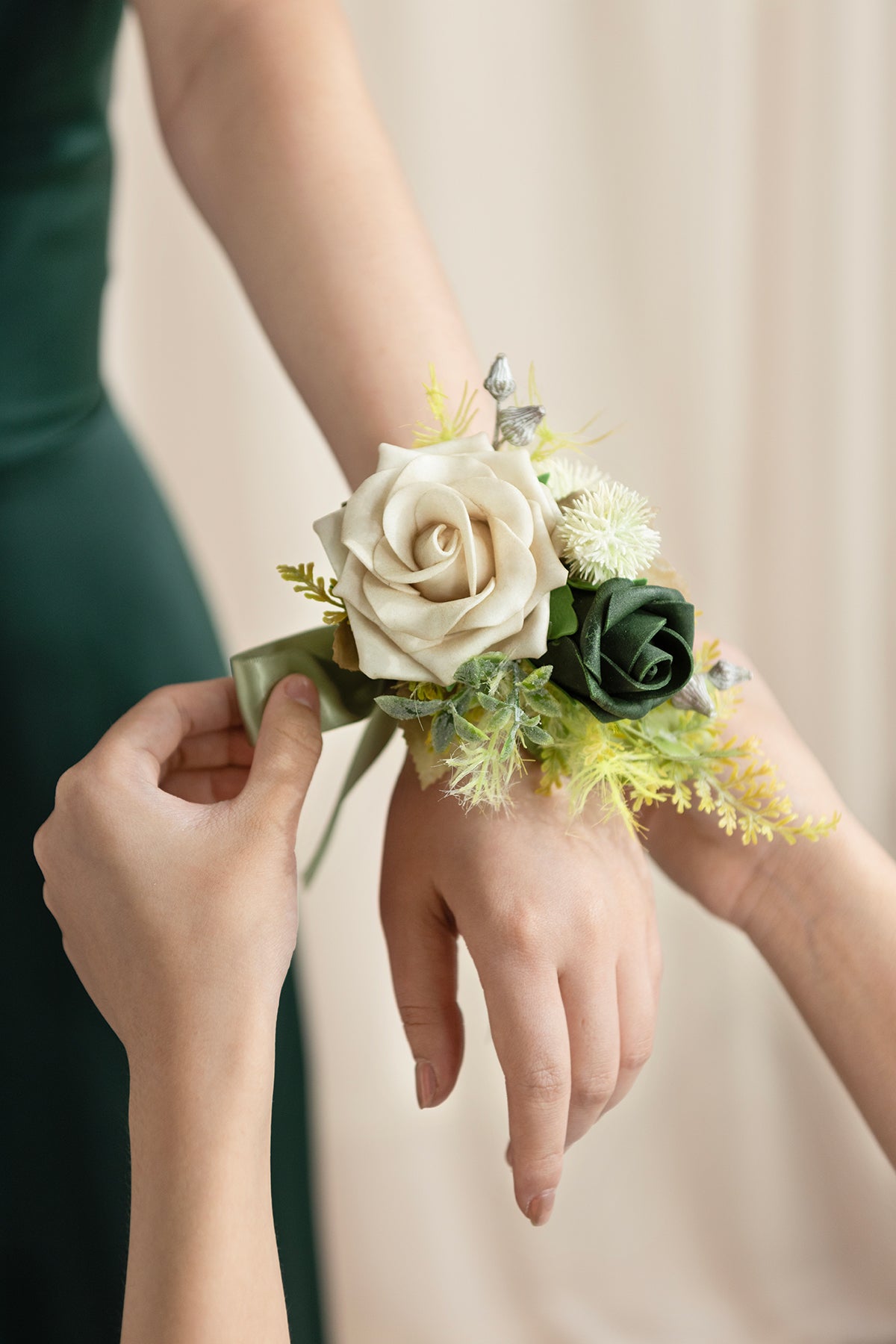 Wrist and Shoulder Corsages in Emerald & Tawny Beige