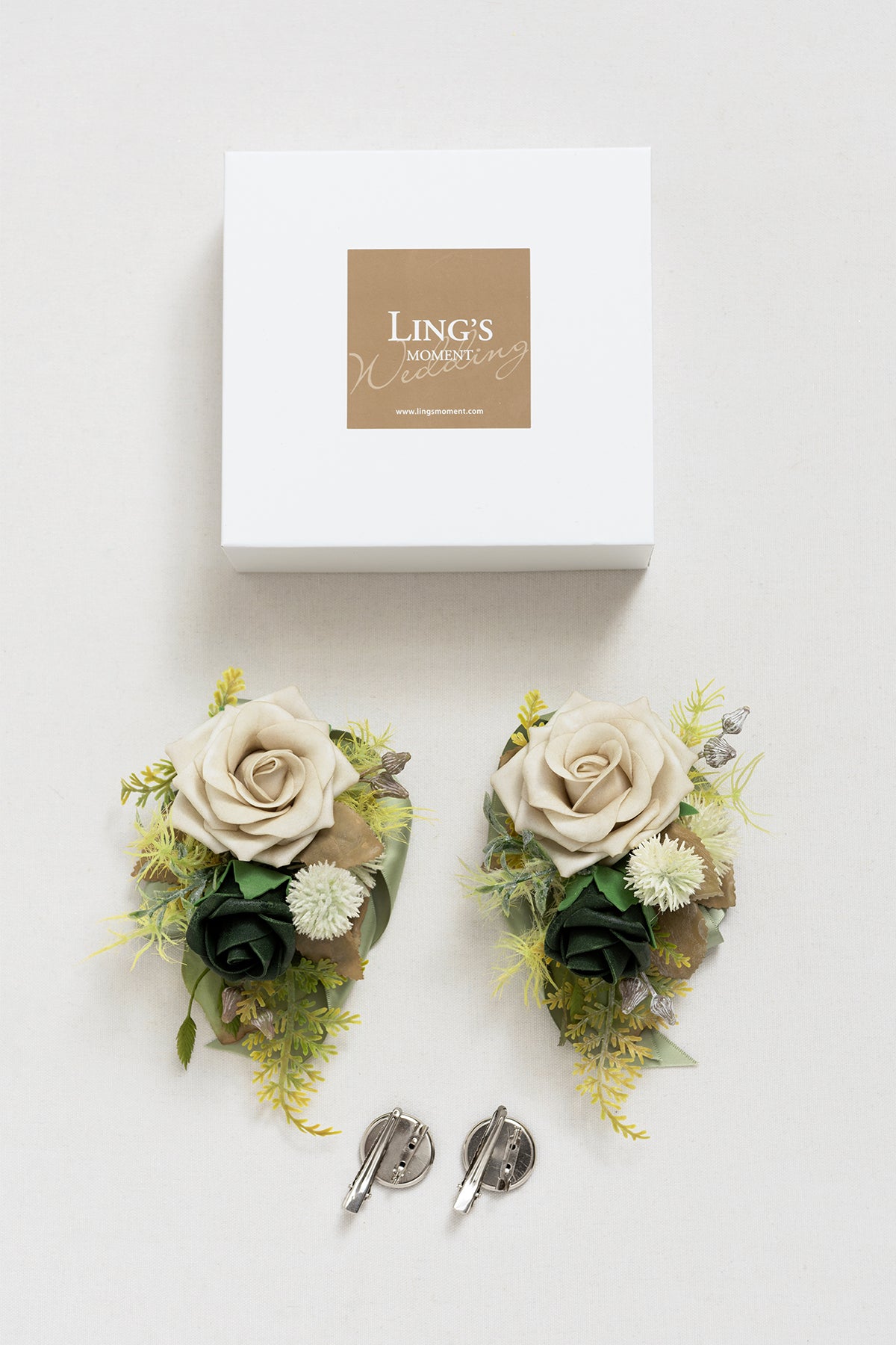 Wrist and Shoulder Corsages in Emerald & Tawny Beige