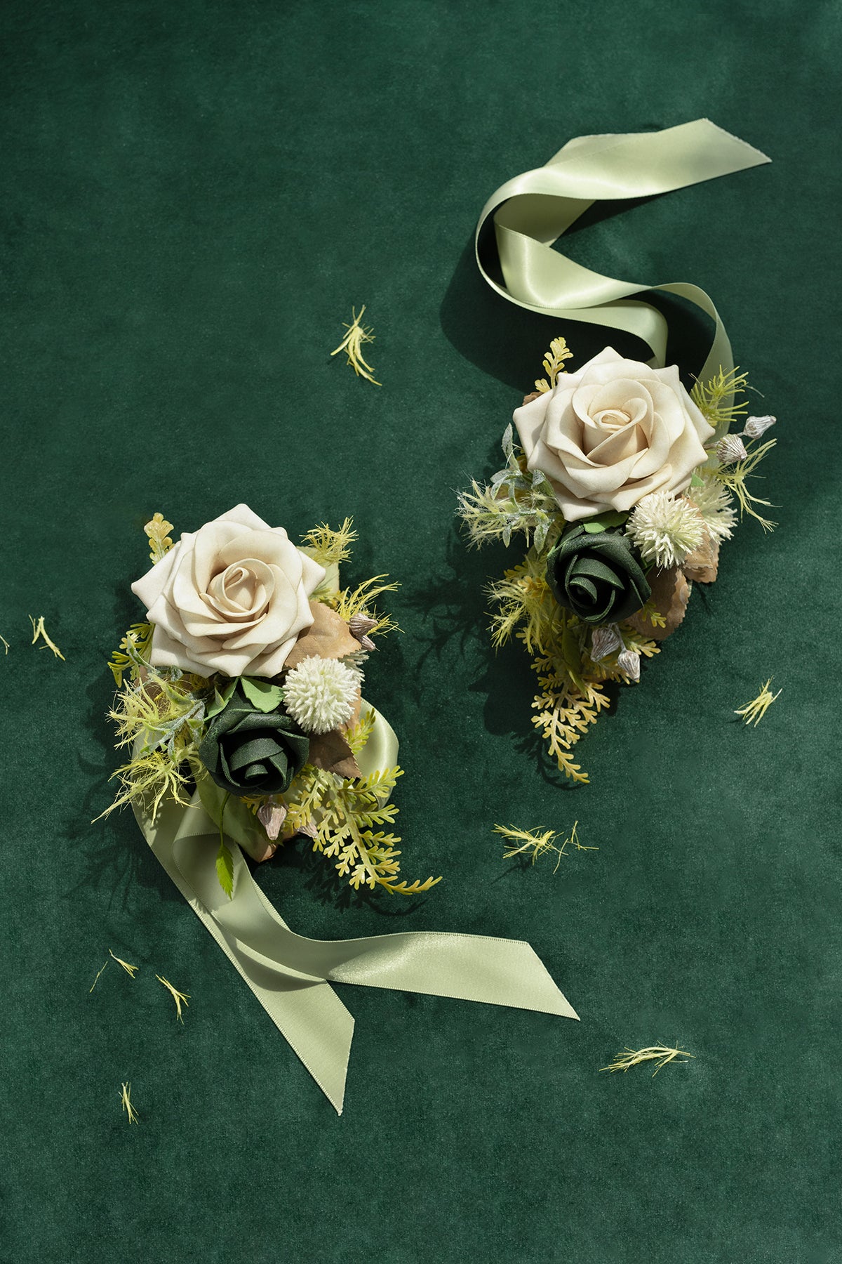 Wrist and Shoulder Corsages in Emerald & Tawny Beige