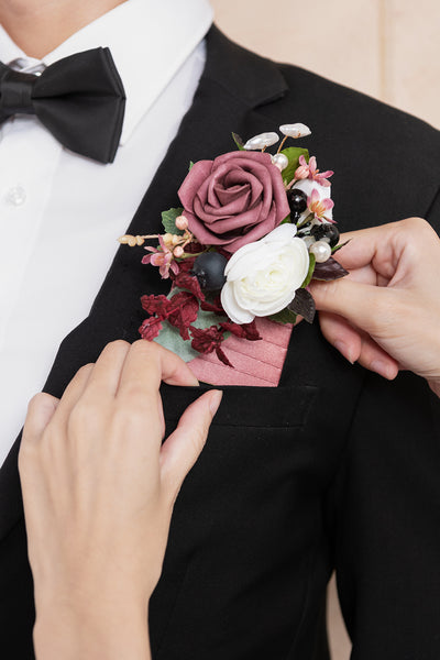 Pocket Square Boutonniere for Groom in Dusty Rose & Mauve