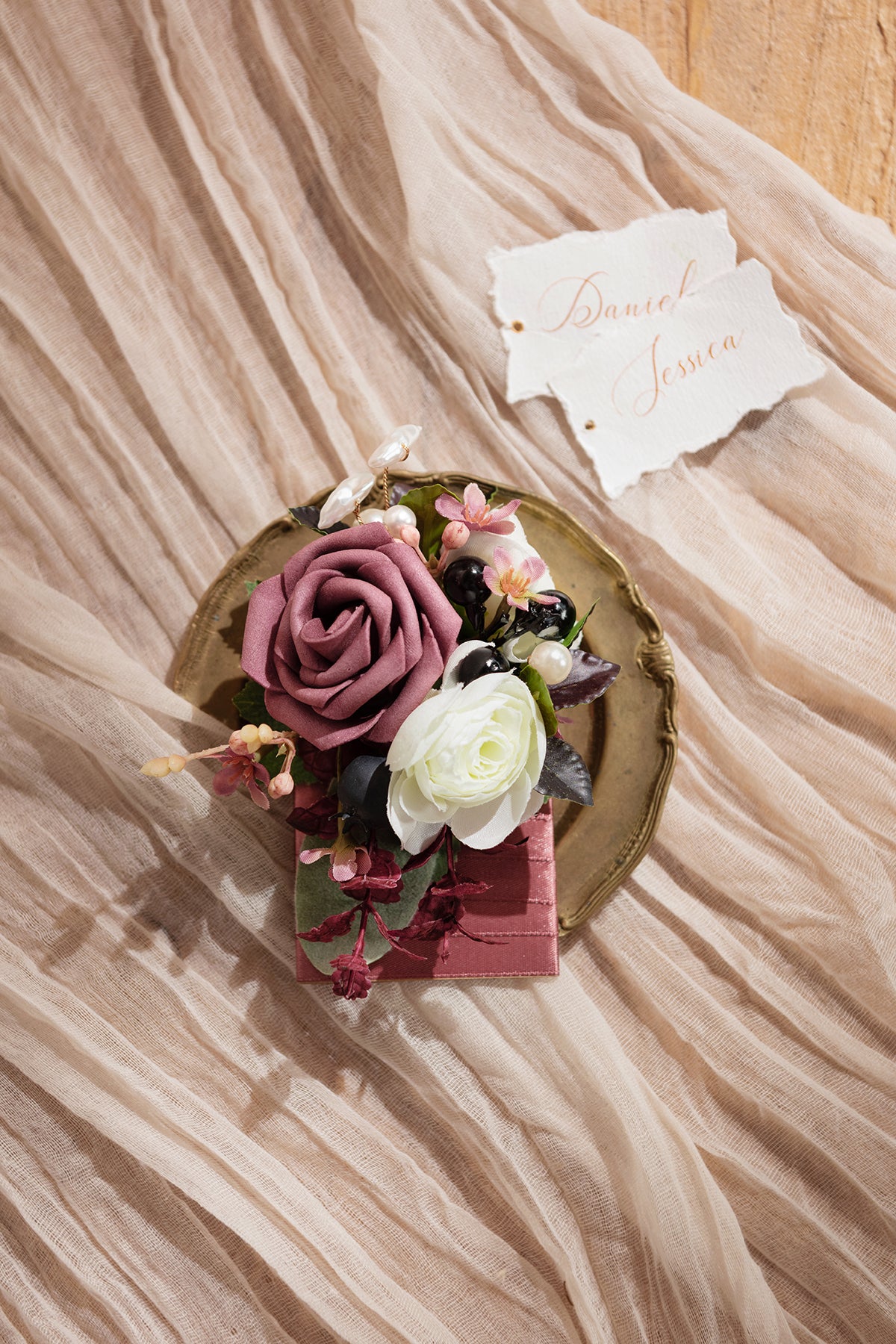 Pocket Square Boutonniere for Groom in Dusty Rose & Mauve