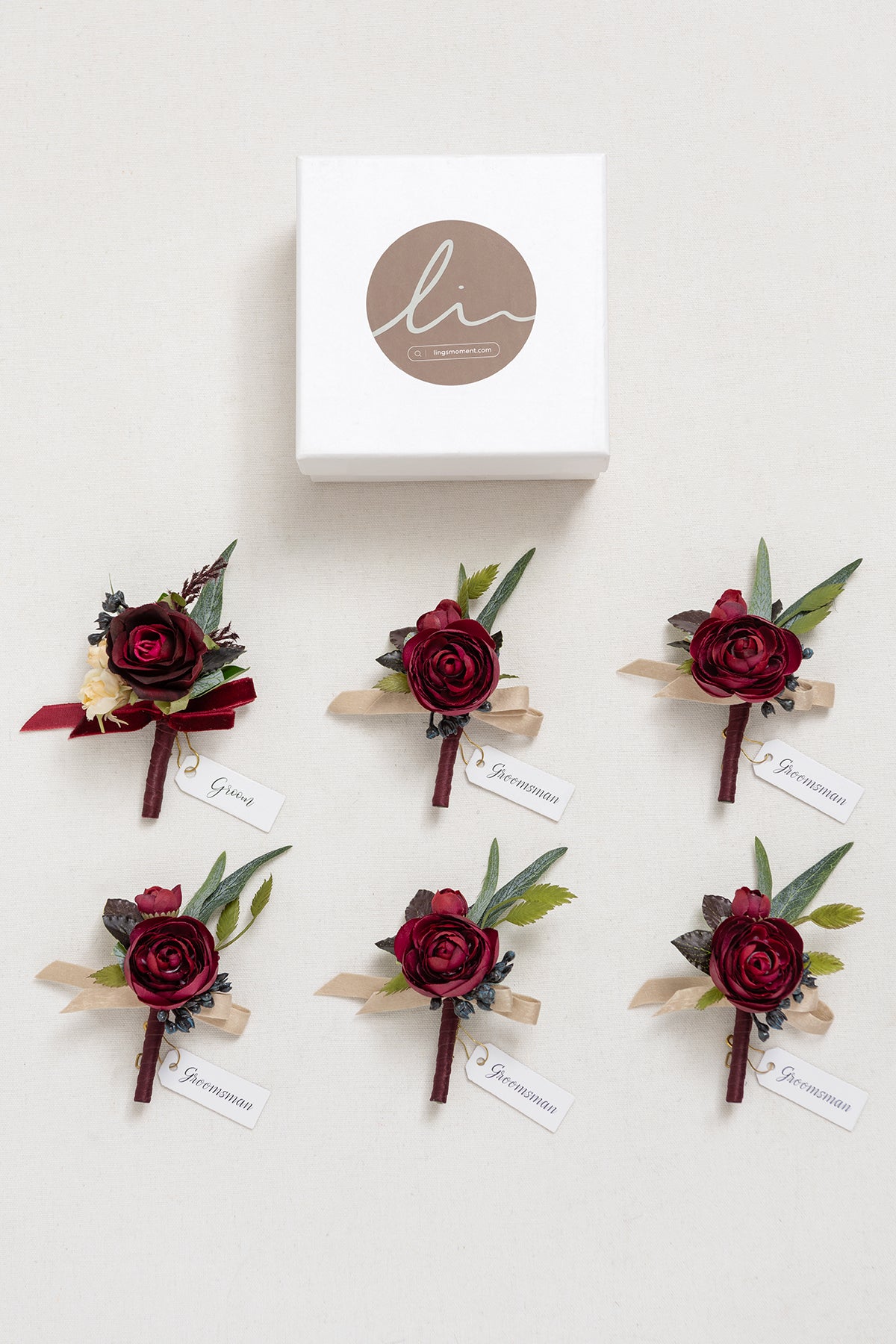 Boutonnieres in Bordeaux Red & Wine