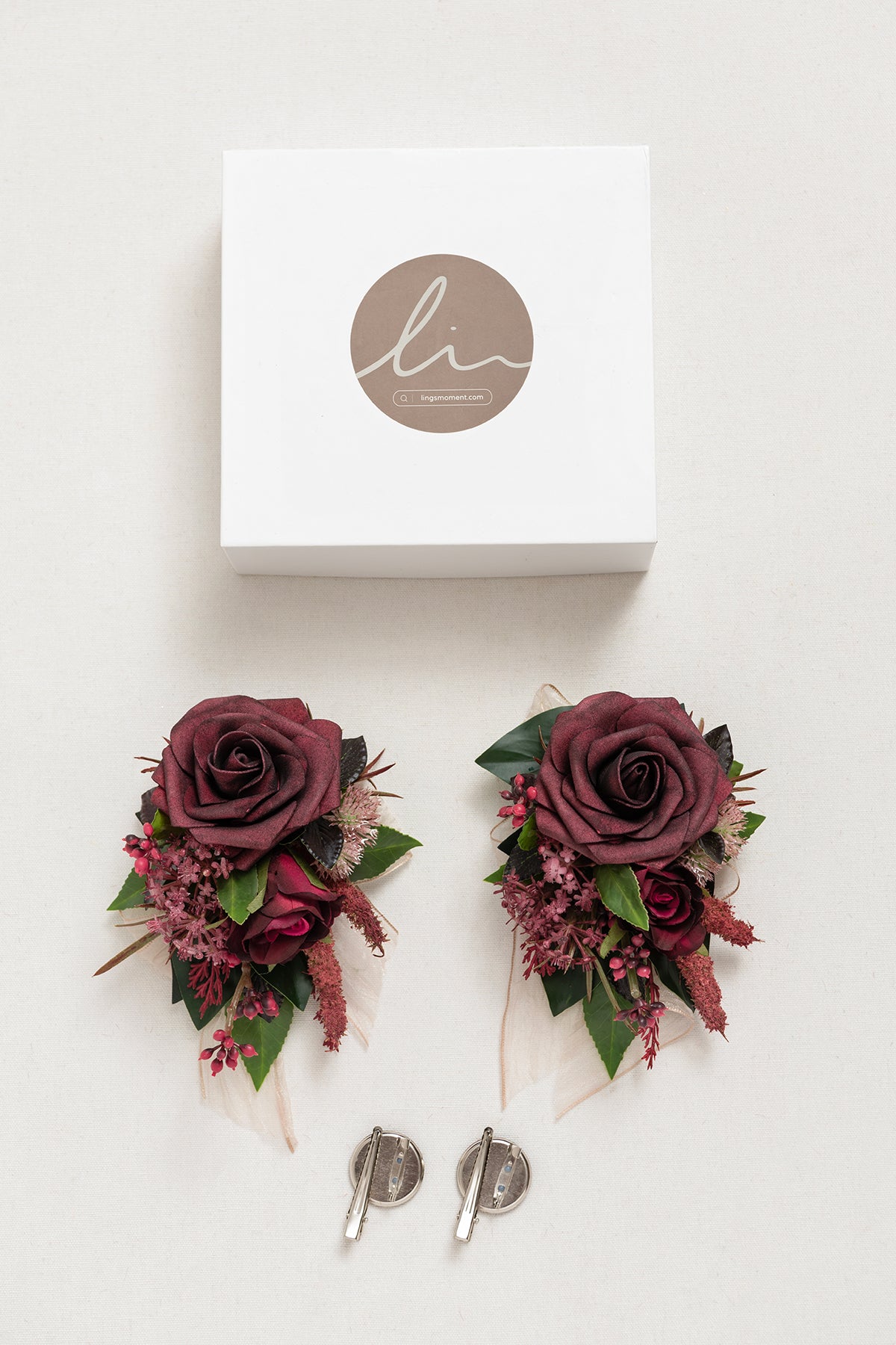 Wrist and Shoulder Corsages in Bordeaux Red & Wine