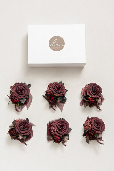 Wrist Corsages in Bordeaux Red & Wine