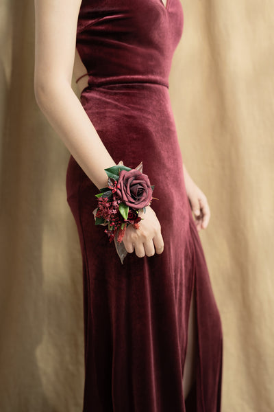 Wrist and Shoulder Corsages in Bordeaux Red & Wine