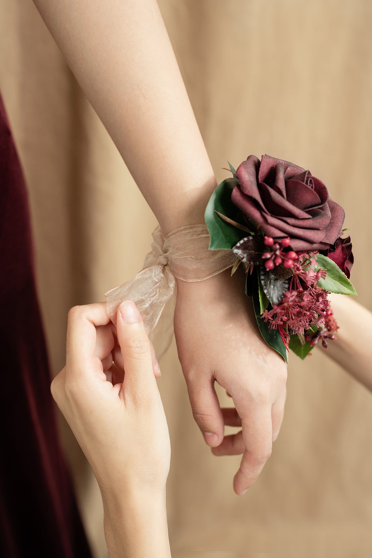 Wrist and Shoulder Corsages in Bordeaux Red & Wine