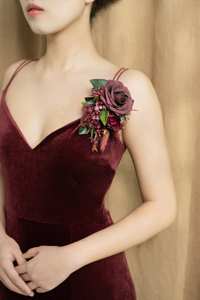 Wrist and Shoulder Corsages in Bordeaux Red & Wine