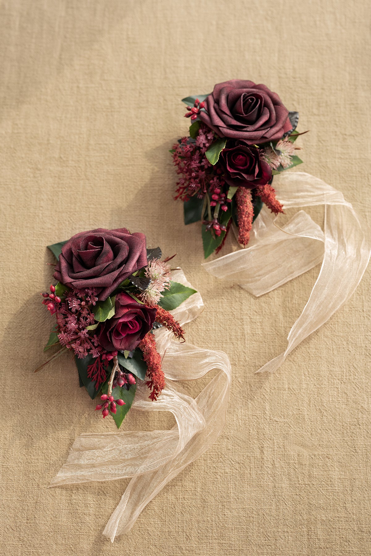 Wrist and Shoulder Corsages in Bordeaux Red & Wine