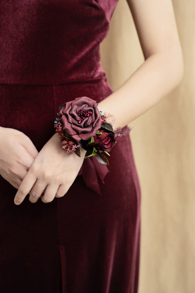 Wrist Corsages in Bordeaux Red & Wine