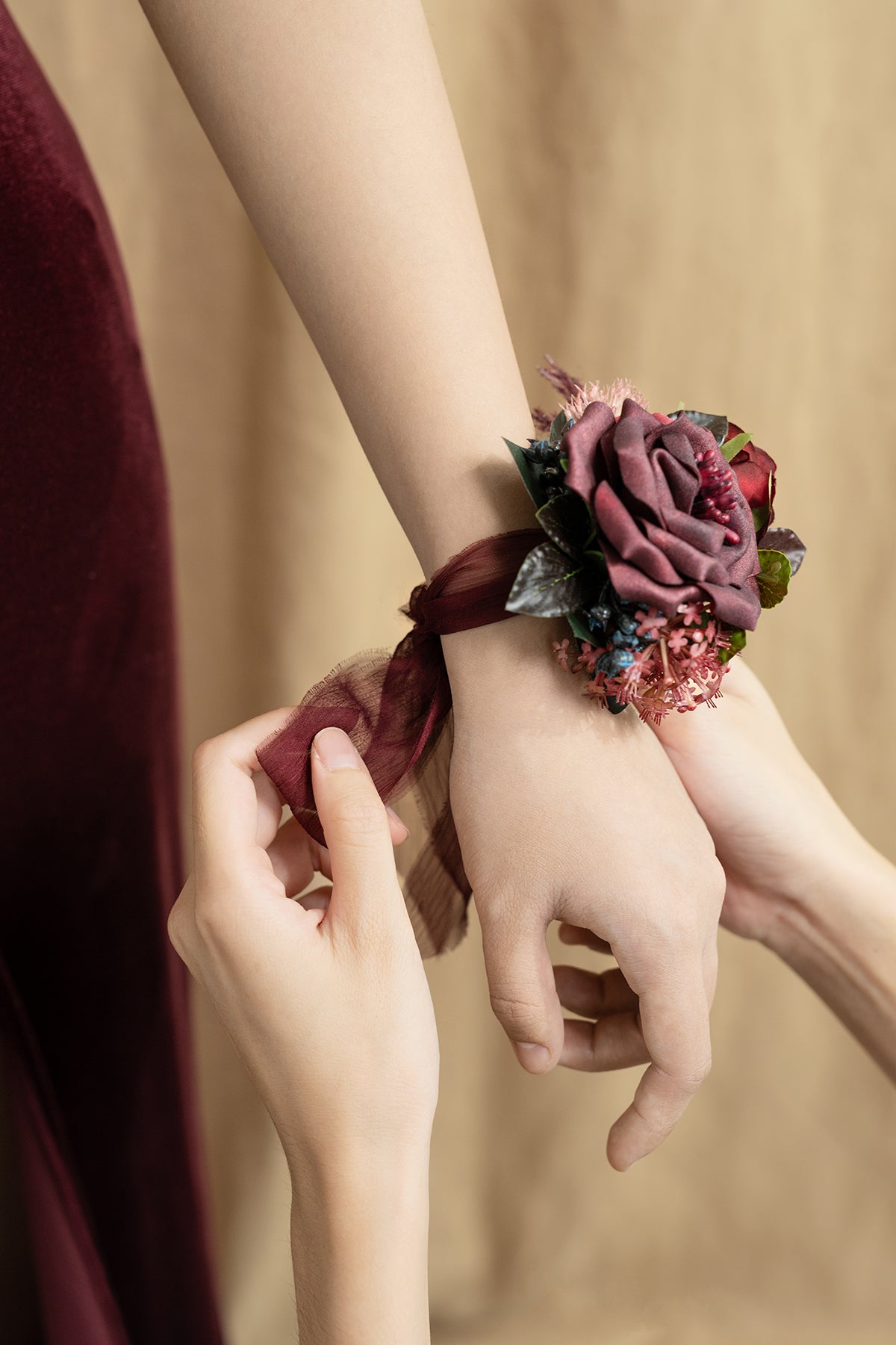 Wrist Corsages in Bordeaux Red & Wine