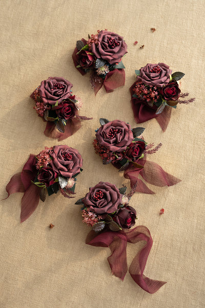 Wrist Corsages in Bordeaux Red & Wine