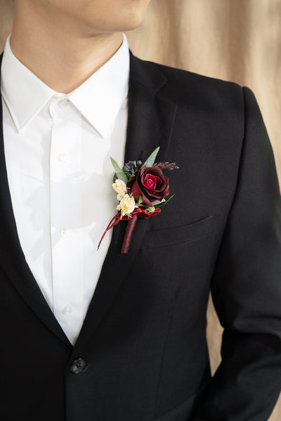 Boutonnieres in Bordeaux Red & Wine