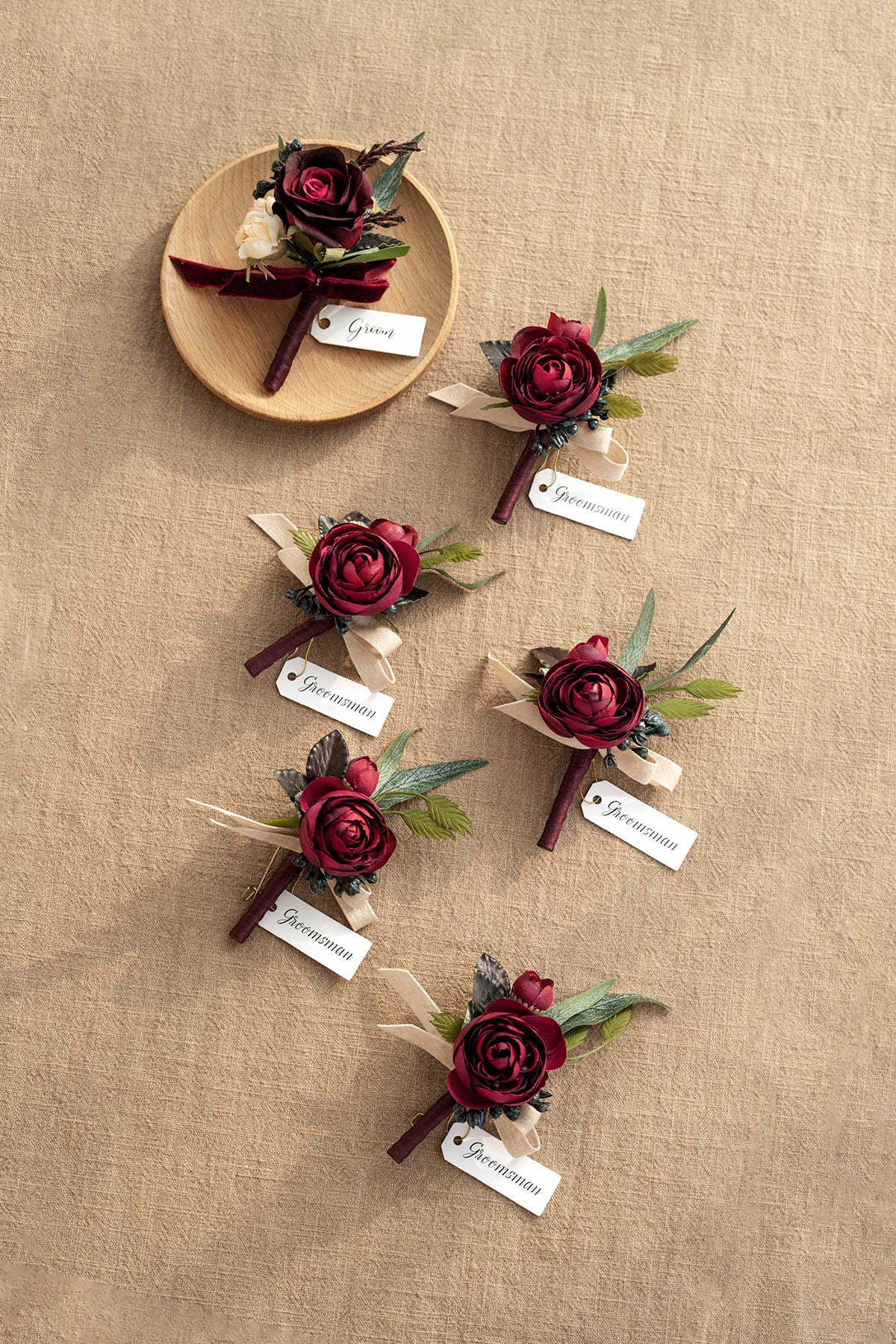 Boutonnieres in Bordeaux Red & Wine