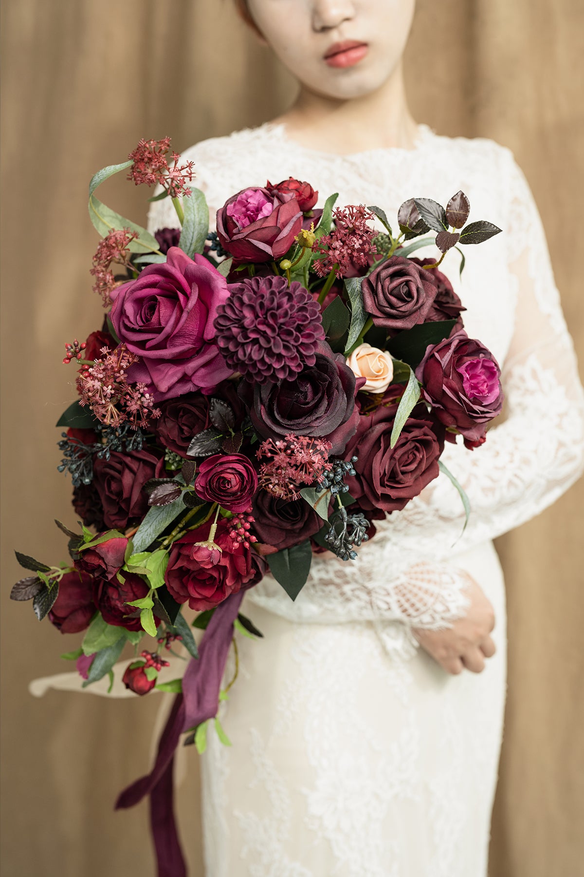 Small Cascade Bridal Bouquet in Bordeaux Red & Wine